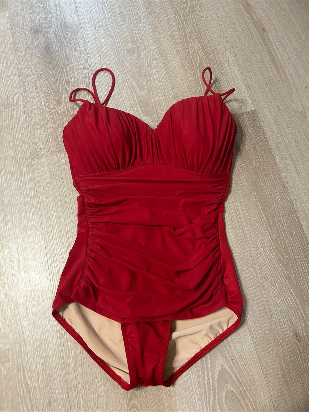 Magic Suit Red Ruched Tummy Control Layered One-Piece Swimsuit Sz 12DD